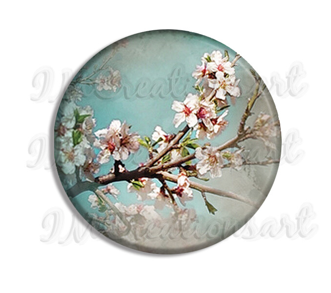 Charming Delicate Cherry Blossom Tree Handmade Pocket Mirror, Magnet, Pin 2.25"