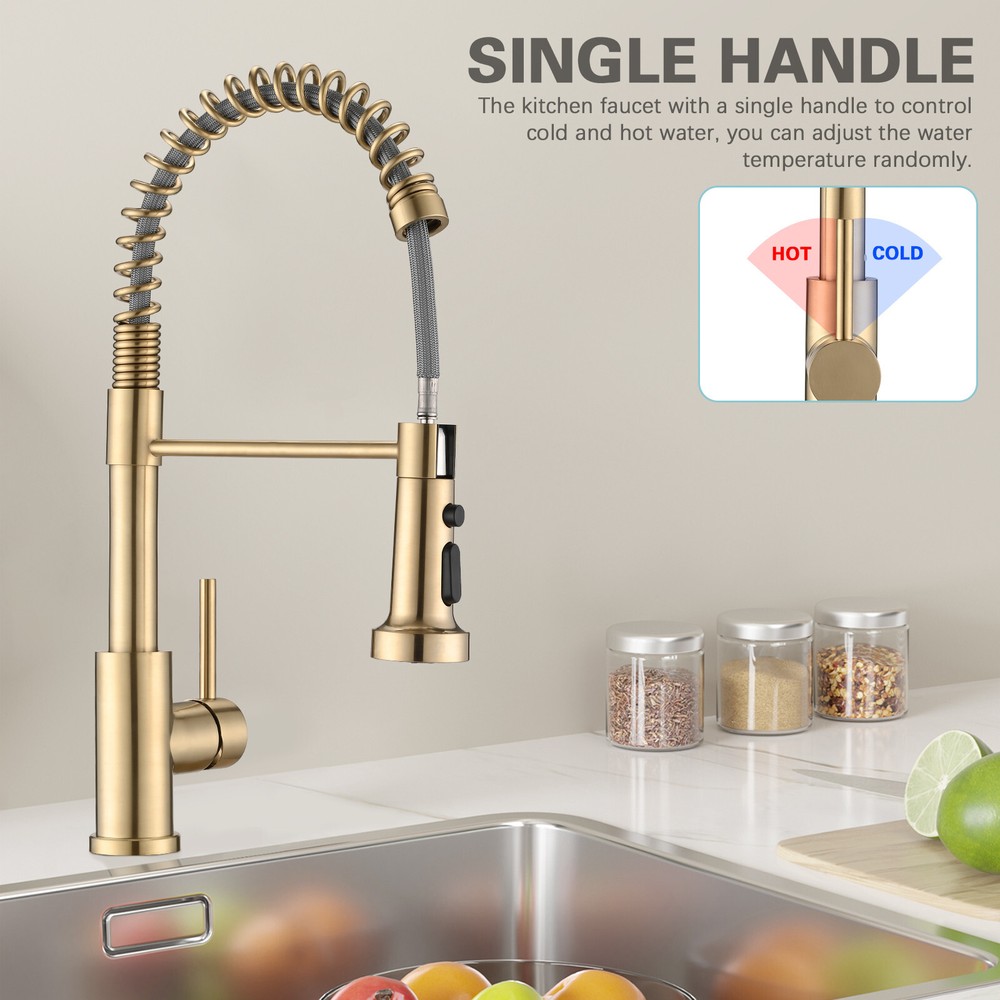 RENIST Brushed Gold Pull Down Single Handle Spring Kitchen Sink Faucet