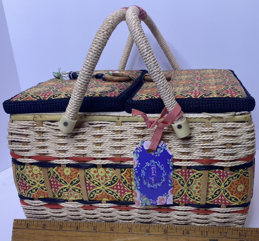 Large Wicker Sewing Basket Notions Keepsake Kit Vintage Orange