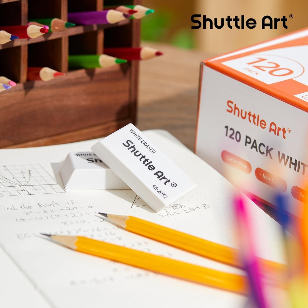 Shuttle Art White Erasers, 120 Pack Erasers Bulk, Smudge 120, White120