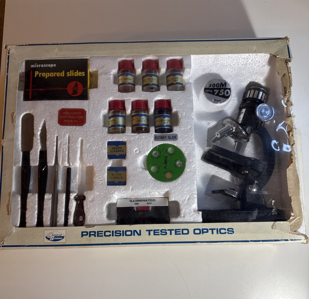 Vintage 750X Microscope Lab Kit Creative Science Precision Tested Optics Box