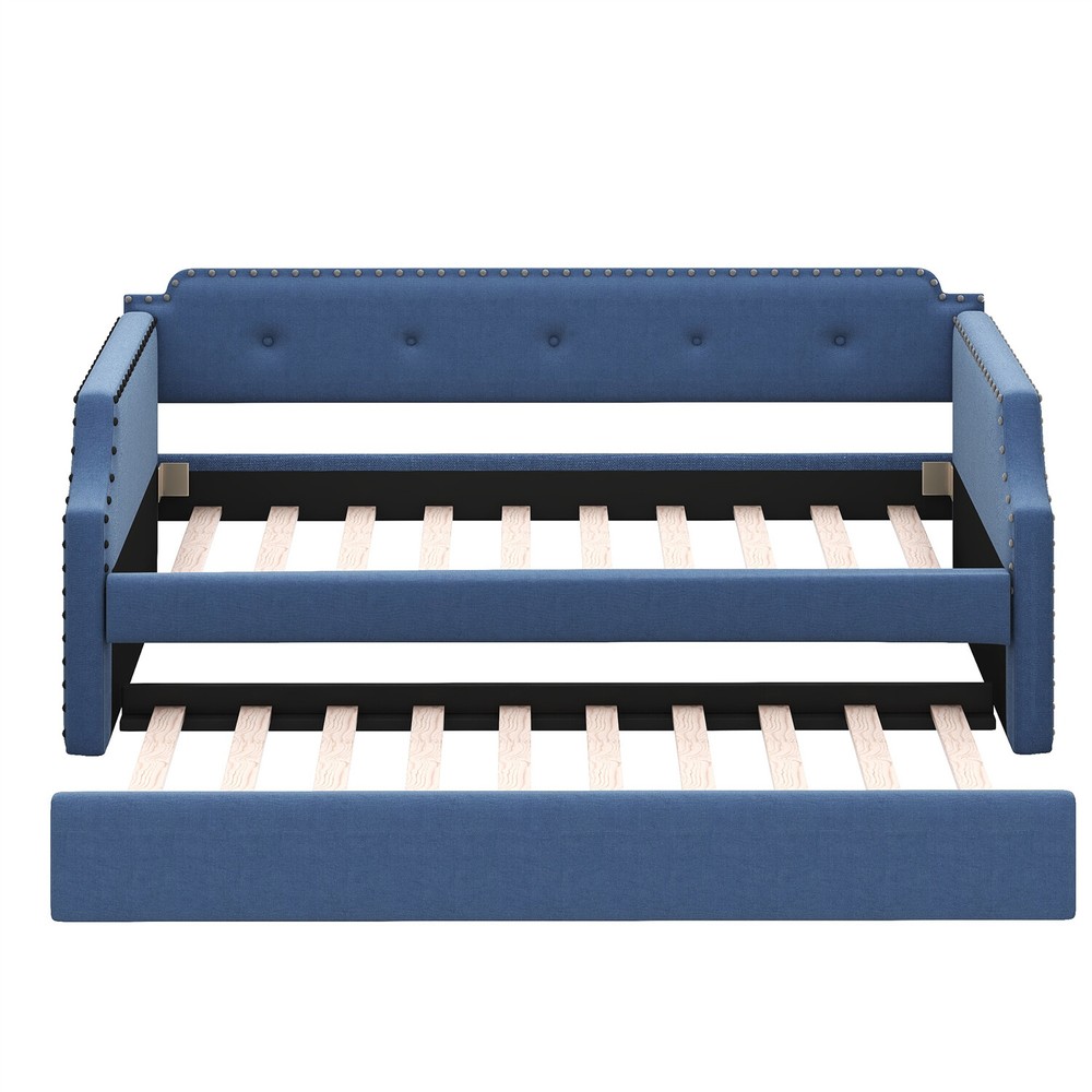 Twin Size Daybed w/ Pull-Out Trundle Bed Upholstered Bed Frame Sofa Bed Blue