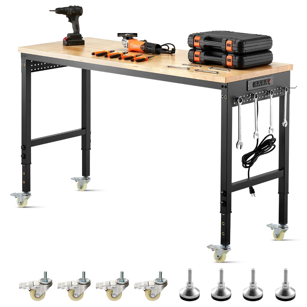 60" Workbench on Wheels Adjustable Height Table with Power Outlet & Pegboard
