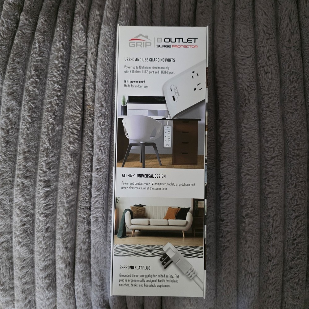 GRIP 8 Outlet Surge Protector USB & USB-C, 3-Prong Flat Plug, White, 6ft Cable