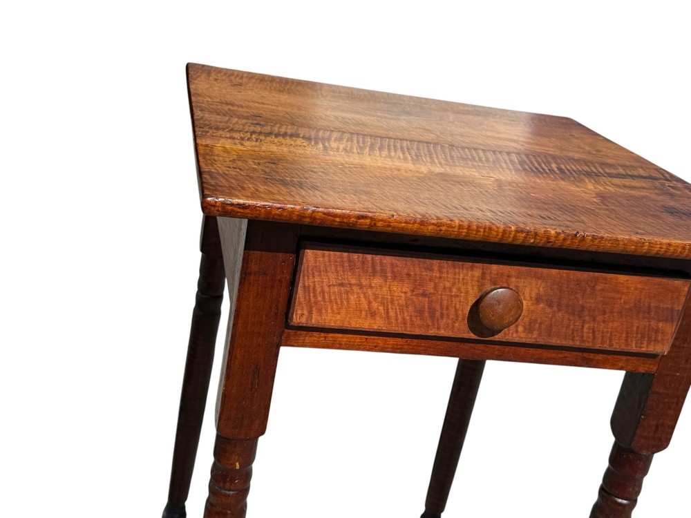 Antique tiger maple side table work stand 1 drawer sheraton 1820