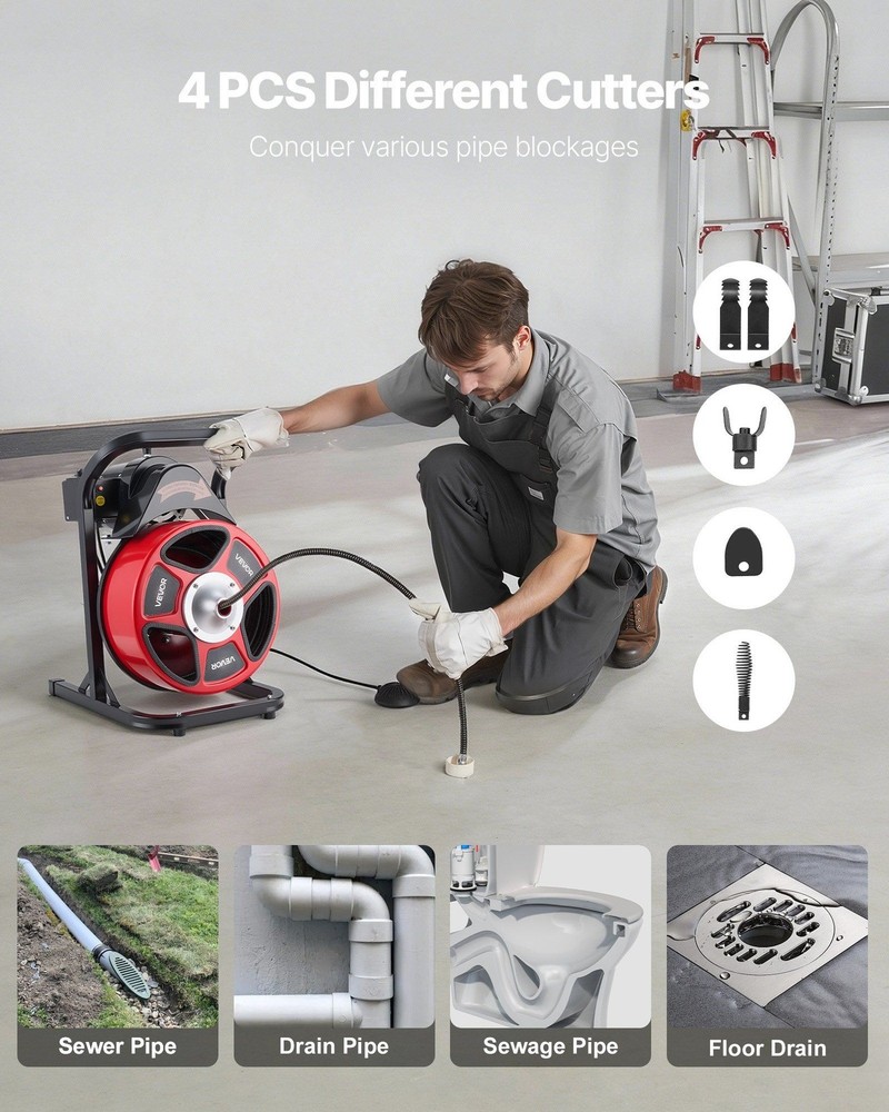 Sewer Snake Machine 50ft 1/2", 4 Interchangeable Cutters