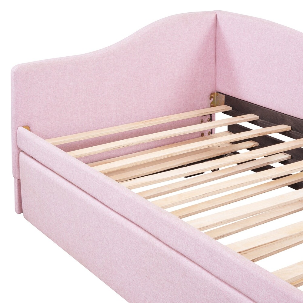 Twin Size Daybed Linen Upholstered Bed Frame Sofa Bed w/ Pull Out Trundle Bed
