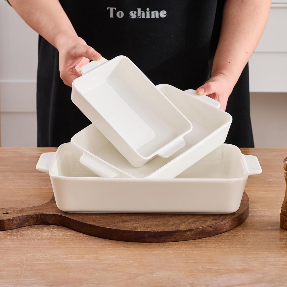 Ceramic Bakeware Set, Rectangular Porcelain Baking Dishes for Kitchen, White
