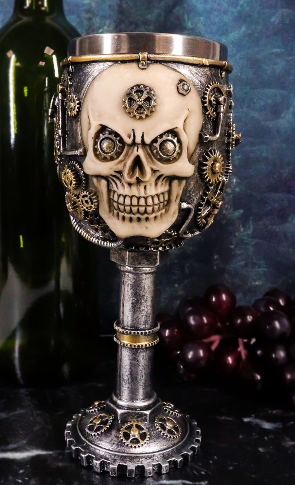 Ebros Gift Silver Steampunk Mechanical Gearwork Skull Face Wine Goblet 7.5"H