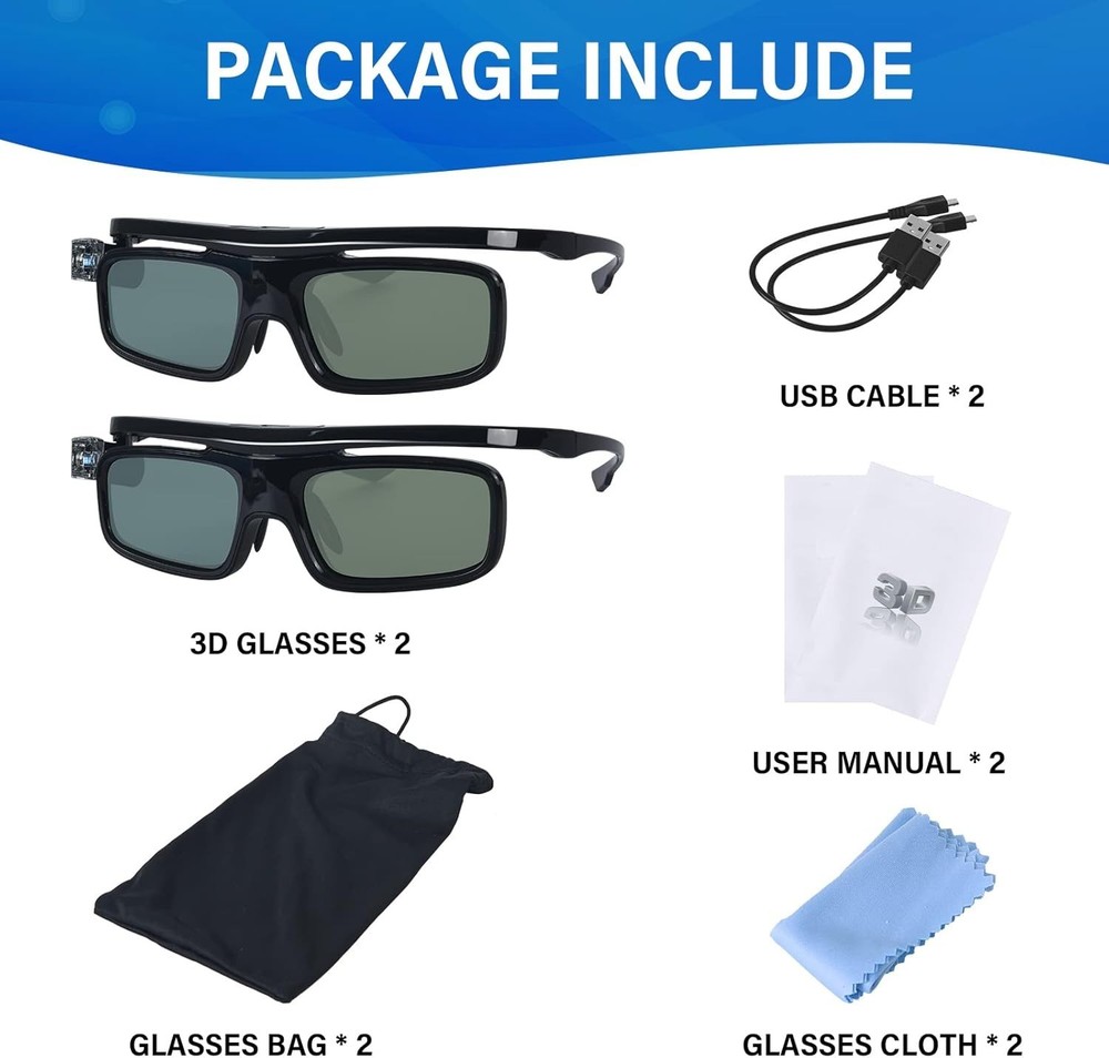 3D Glasses Active Shutter Rechargeable for DLP-Link Projectors 2 Pack