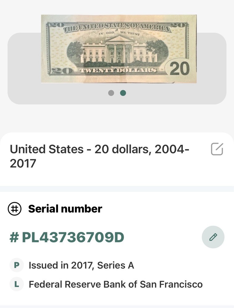 One (1) 2017 $20 Note w/Over-Ink Error on the Upper & Lower #7’s!