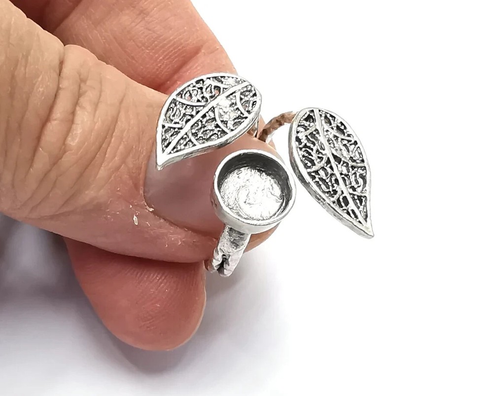 Leaf Ring Setting Blank Cabochon Mounting Adjustable Base Bezel Antique Silver