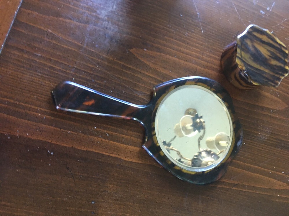 FANTASTIC Antique Celluloid Art Deco Shell Hand Mirror & matching Box