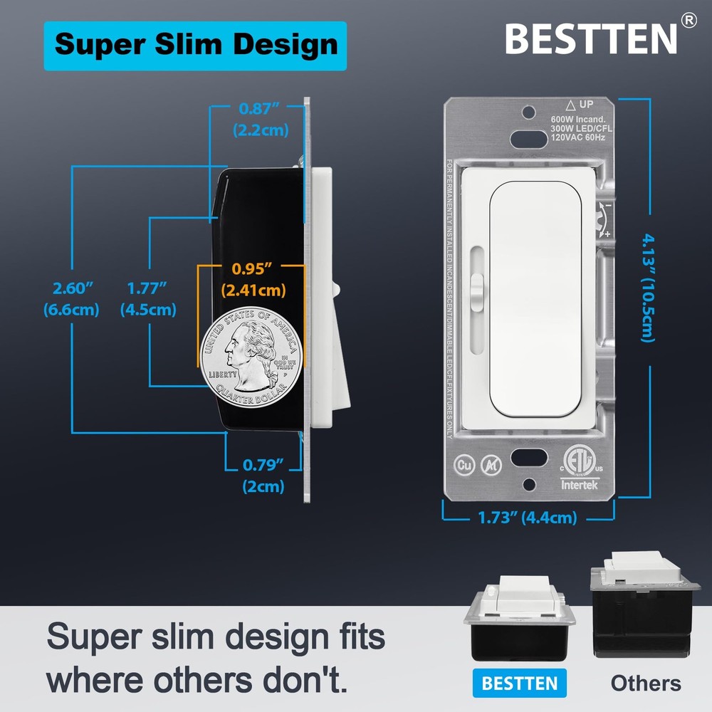 5 Pack Super Slim Quiet Dimmer Light Switch, Smooth Slide Dimmer Switch, Sing...