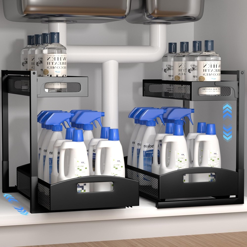 Under Sink Organizer,2 Pack Height Adjustable Under Sink Organizers and Stora...