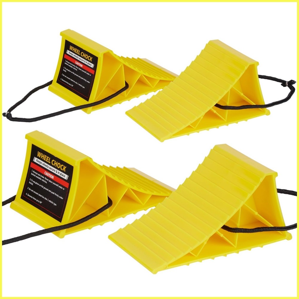 4Packs Yellow Heavy Duty Wheel Chocks with Rope, Easy Removal, Durable, Non-Slip