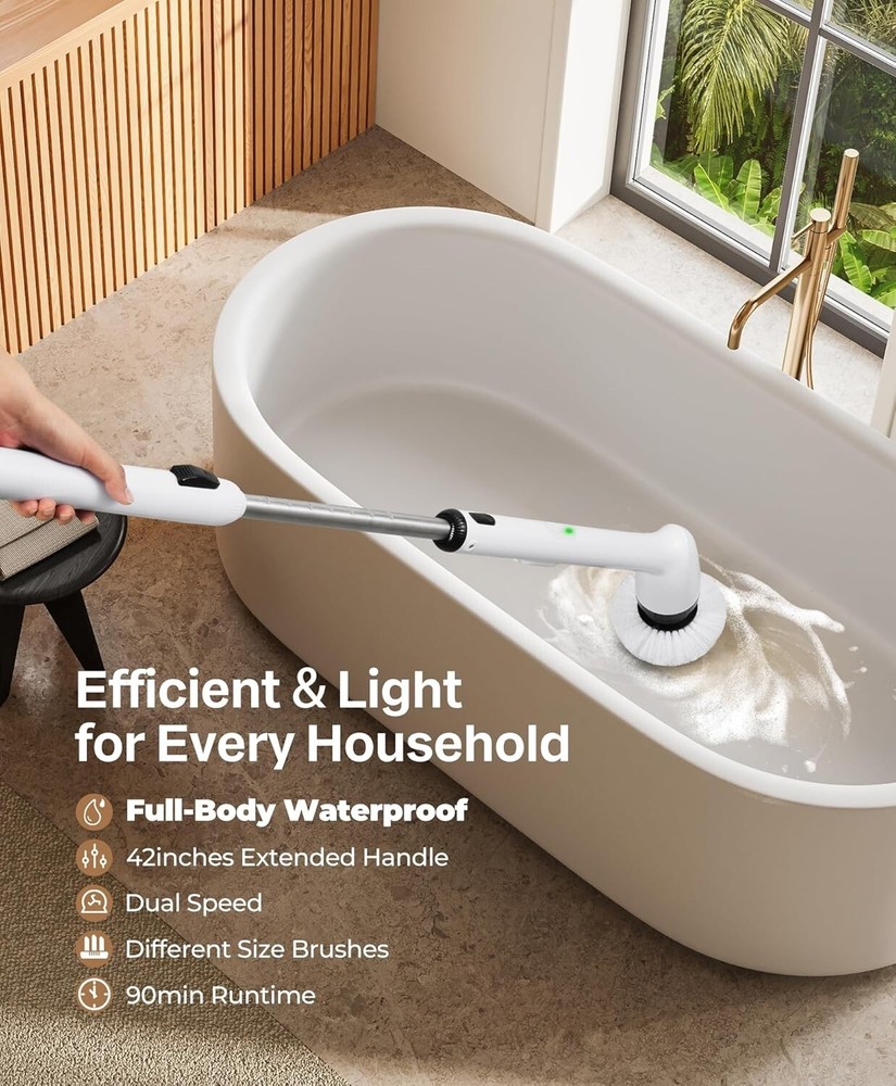 Full-Body Waterproof Spin Scrubber with 3-Length Handle & Replaceable Brushes