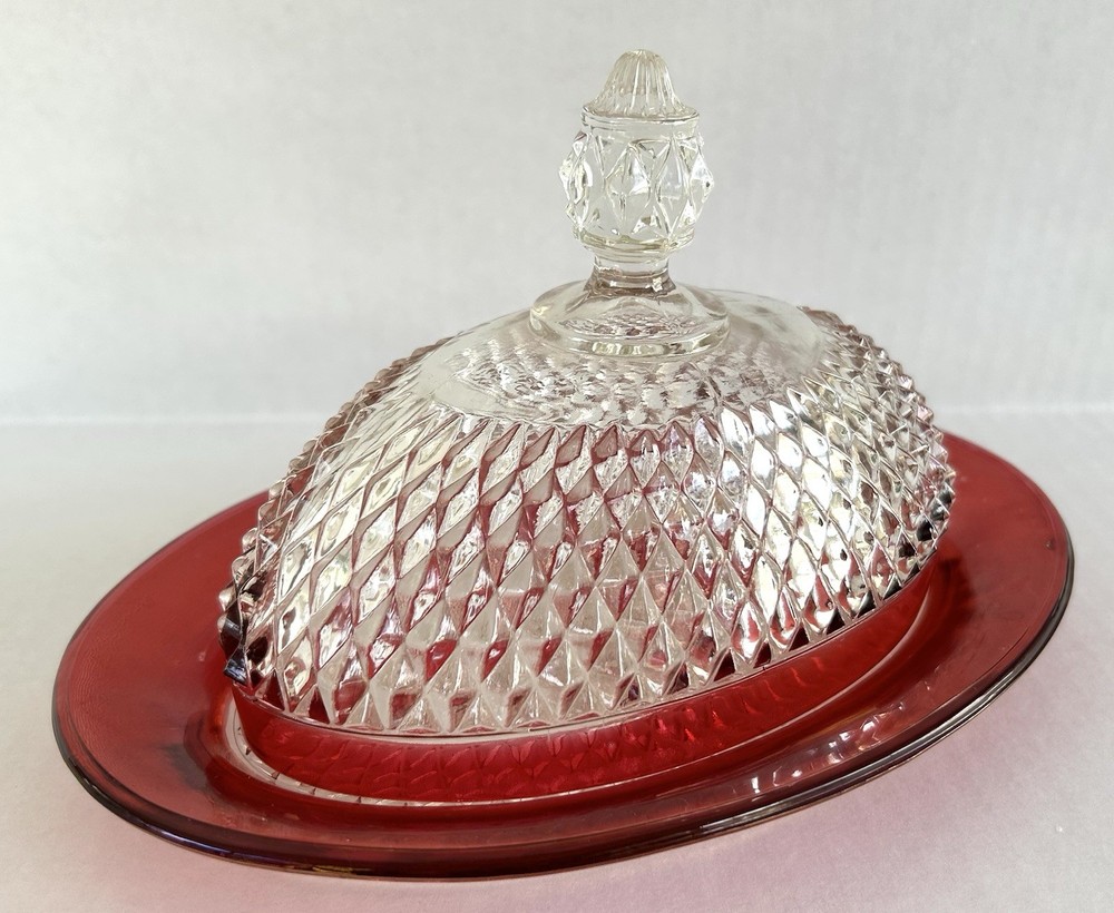 Indiana Glass Diamond Point Ruby Flash Butter Dish With Lid