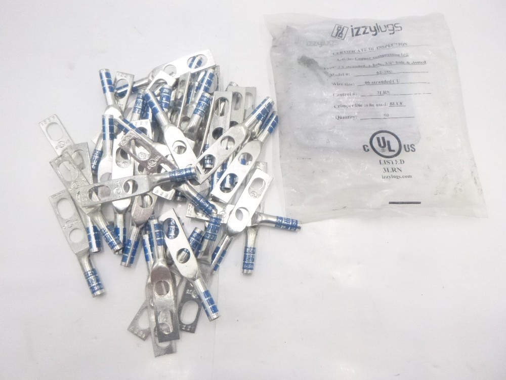 50 Pack Izzy 2 Hole #6 Stranded Wire Lug  Blue Color Code Hole spacing 3/4-1
