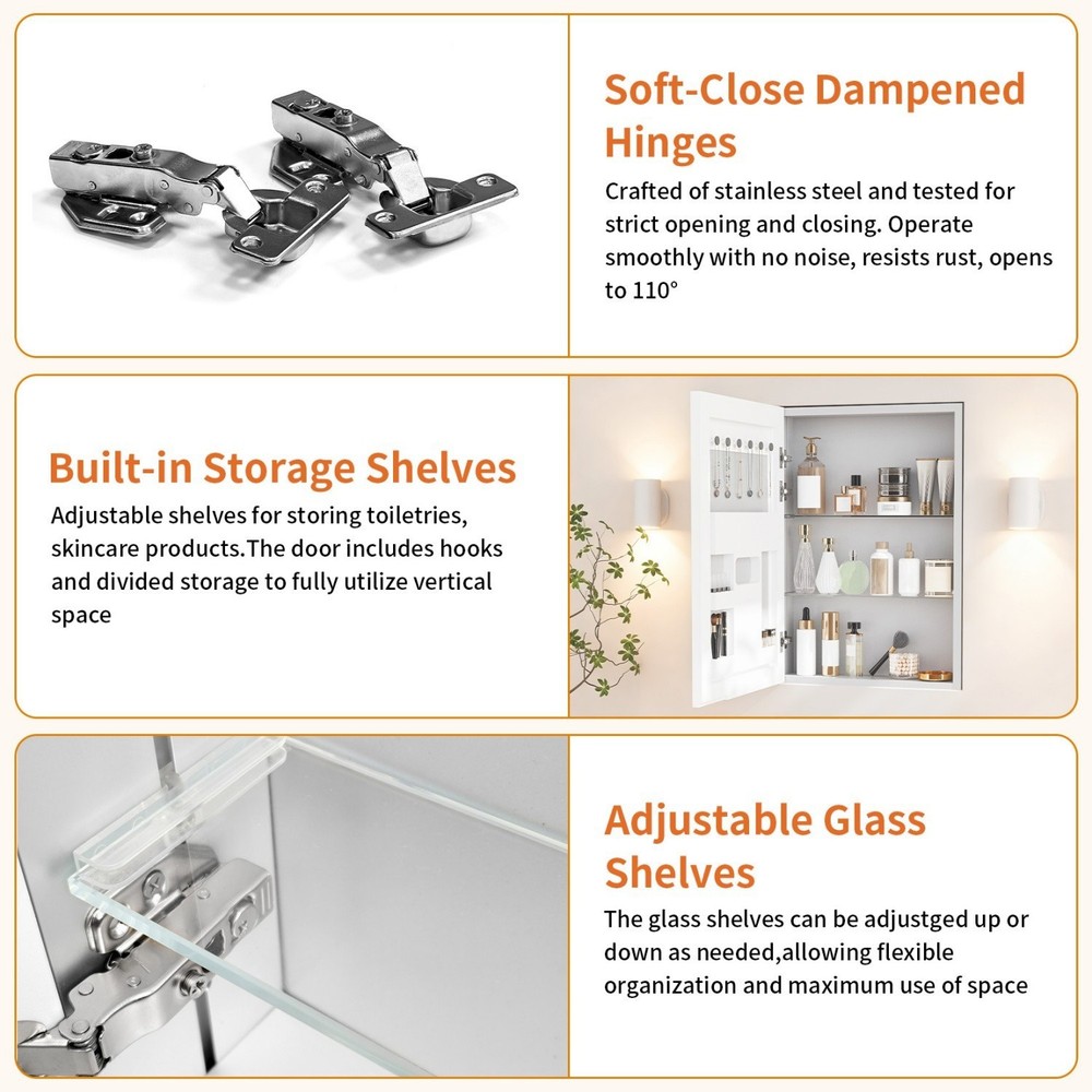 Bathroom Mirror Cabinet Ample Vanity with Adjustable Shelves Left Open 20"x28"