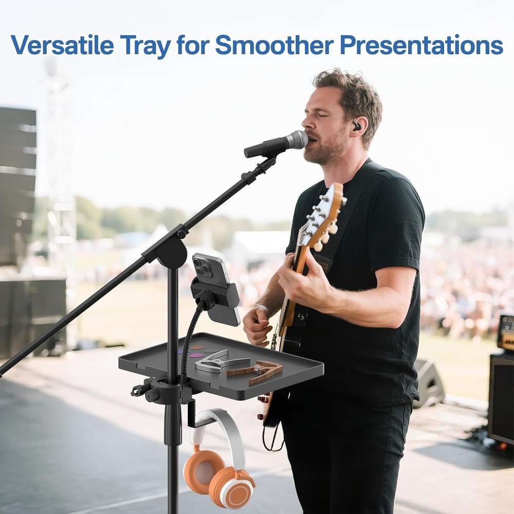 Functional Microphone Stand Tray with Adjustable Plastic Small Tray, Black