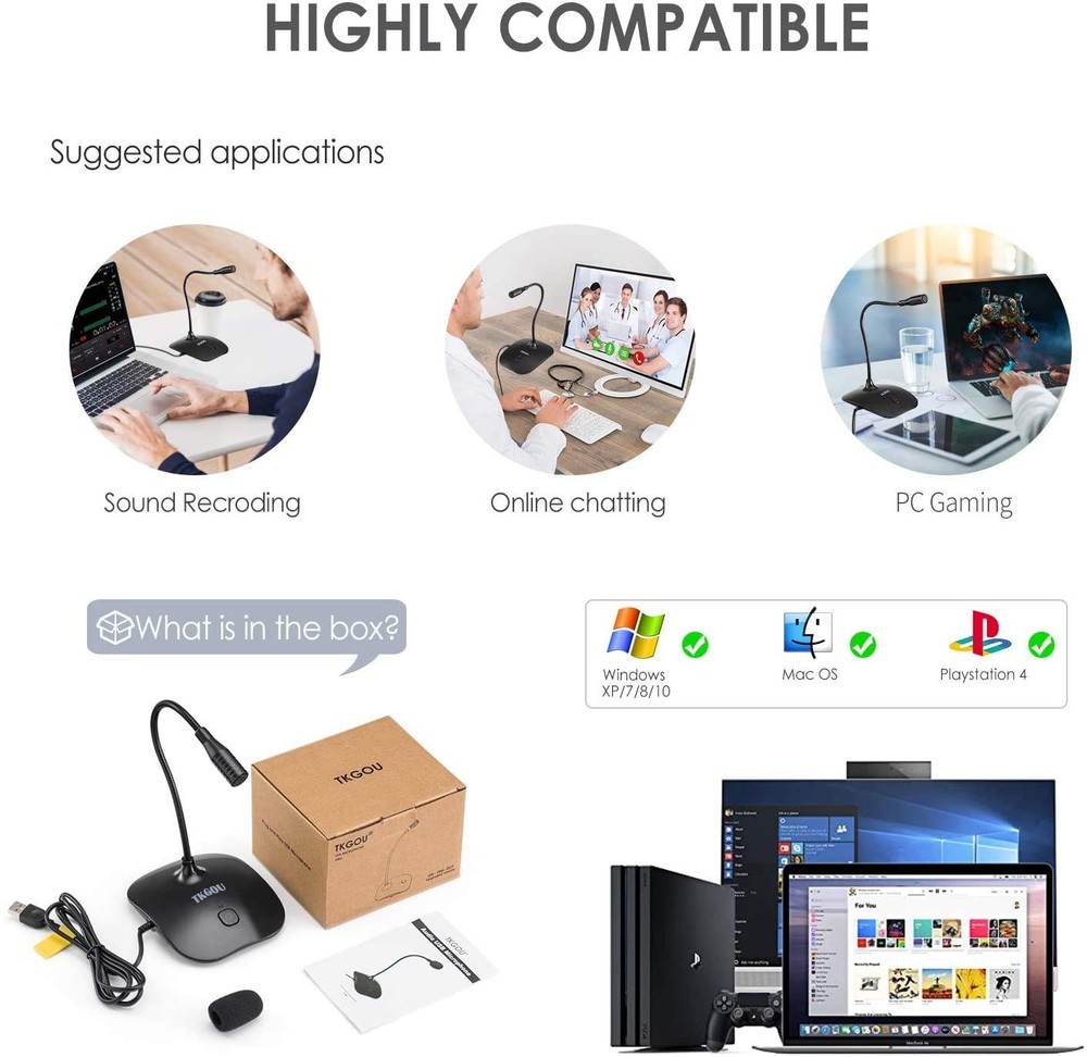 USB Microphone, 360 Degree Adjustable Gooseneck Design, Mute Button & LED Ind...