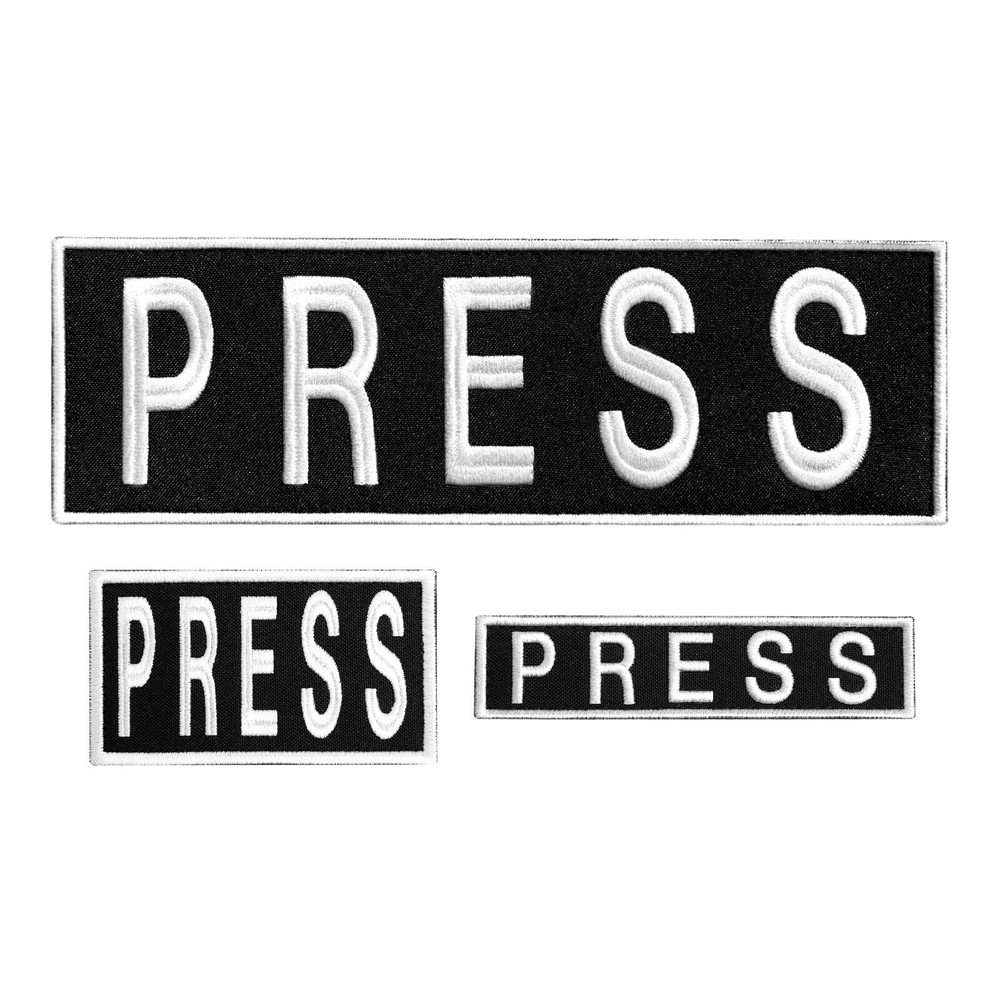 3-Piece Embroidered PRESS Patch for Vests, Jackets, Large & Small, Black & White