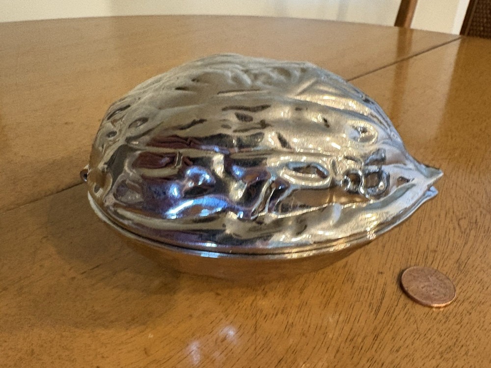 Mid Century Silver Metal Hinged Nutcracker Figural Walnut Shell
