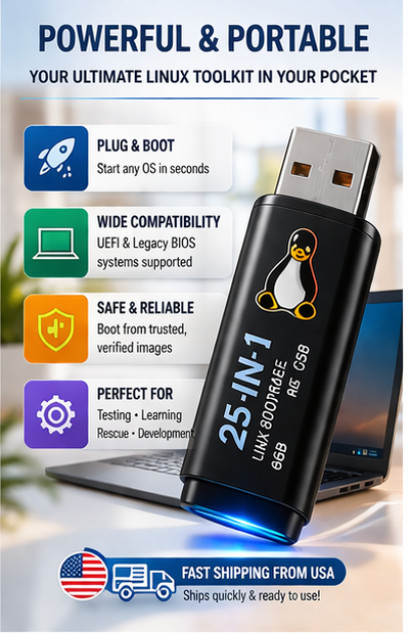 25-in-1 Linux Bootable USB 64GB Multi Boot OS Toolkit – Plug & Boot Drive