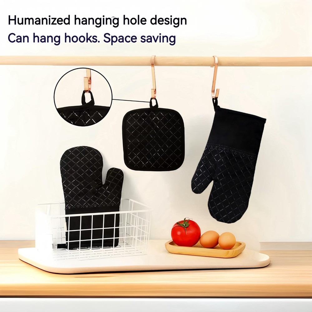 Oven Mitts and Pan Racks 4-Piece Set, Extended Kitchen Black