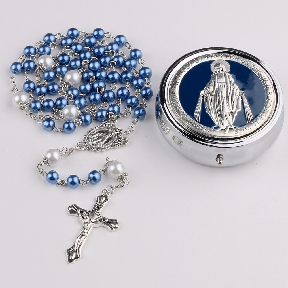 CT Rosary with 6mm Glass Pearl & 8mm Our Father Beads, Miraculous Metal Gift Box