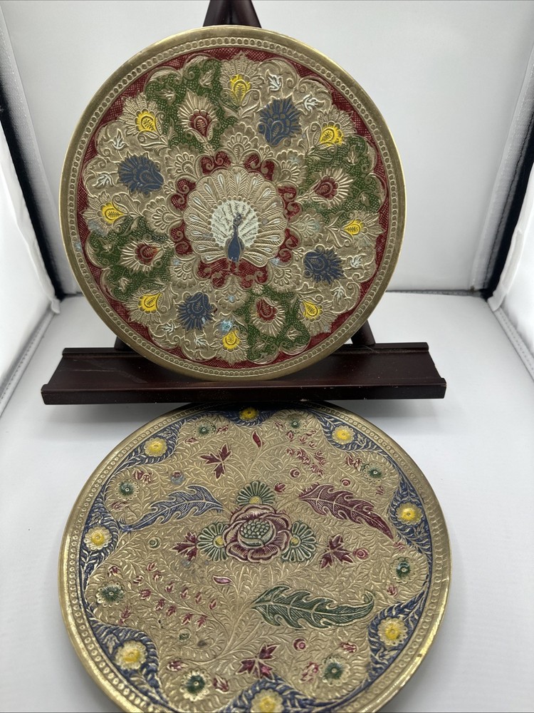2 Solid Brass Decorative Plate Wall Hanging w/Peacock And Rose Design