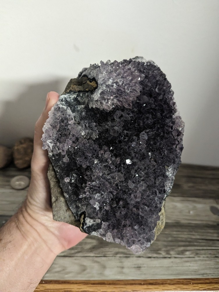 2 Amethyst standing cut base crystals geodes plus 3 oco geodes. 5 pounds lbs