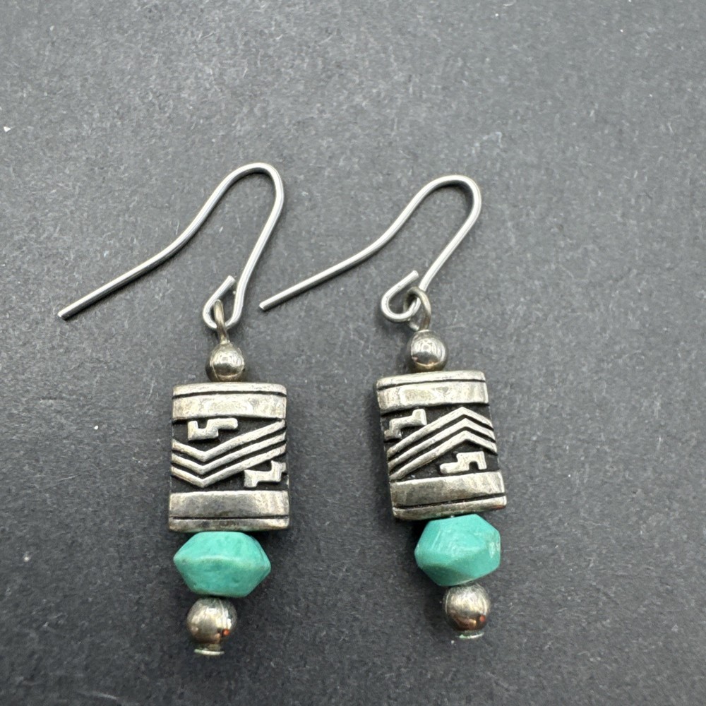 Native Inspired Dangle Drop 1.25” Earrings Silver Tone Turquoise