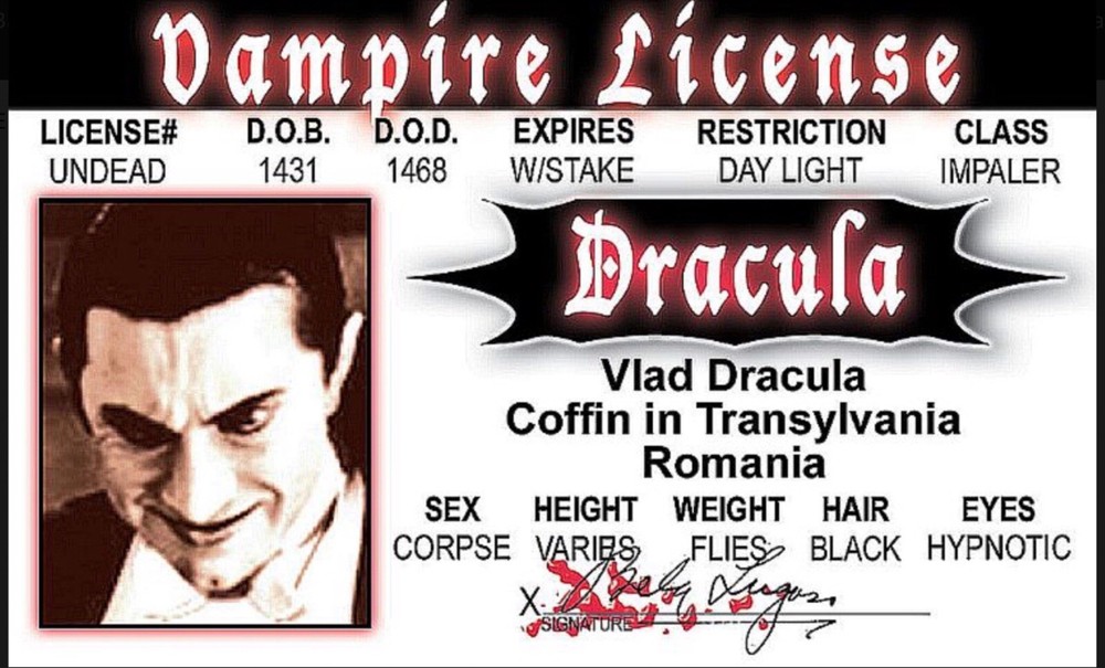 Dracula Vampire Drivers License 3.4” X 2.2” Laminated ID Card.
