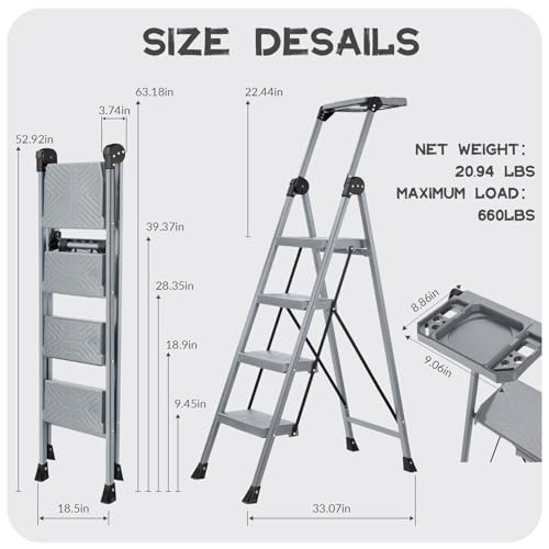 4 Step Ladder, Foldable Step Stool Ladder with Handrails & Tray, 4 step Silver