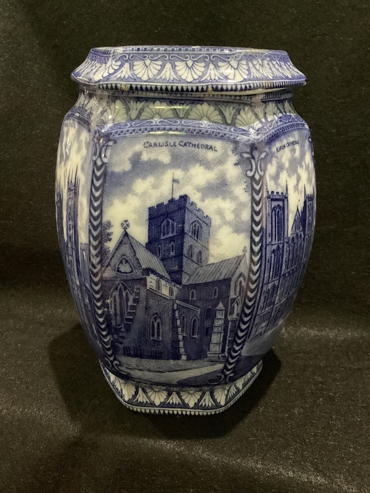 Rington's Maling Ware Tea Caddy England - Cathedrals 1929 Blue Transfer Ware @FS