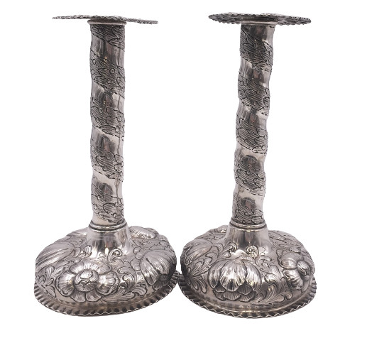 Pair of Sterling Silver Candlesticks in Repousse Pattern