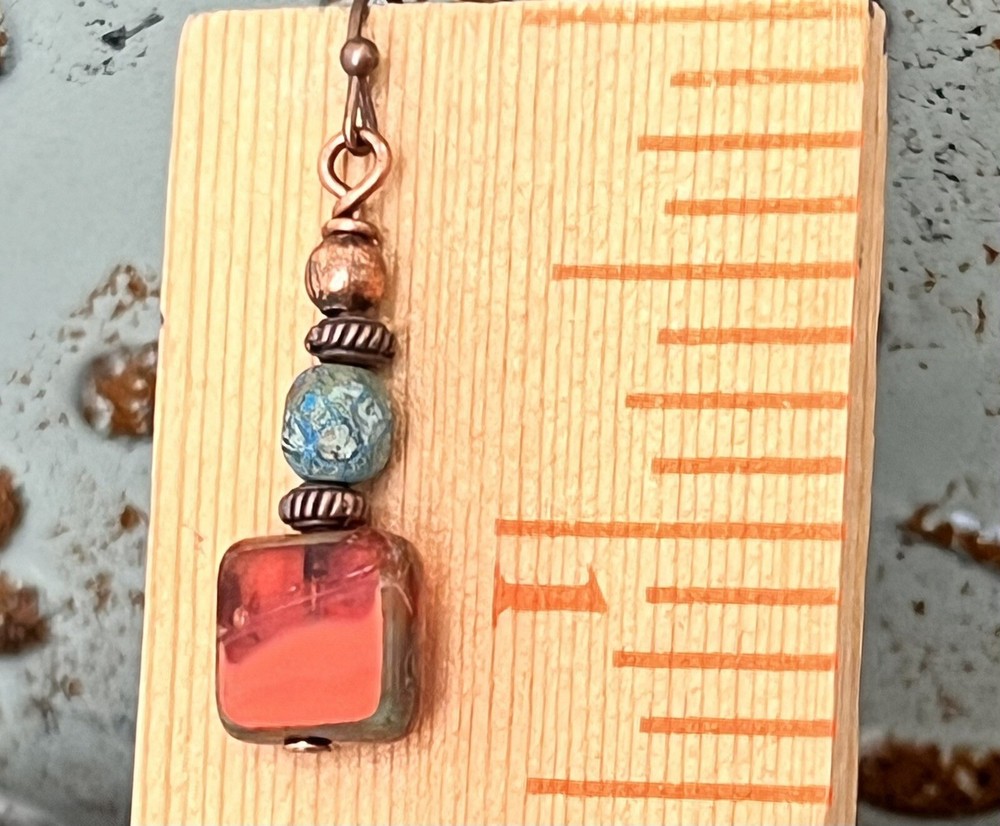 Copper, Rustic Coral and Teal Dangle Earrings.