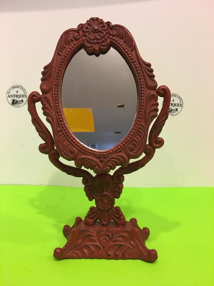 -Vintage Ornate Cast Iron Vanity Tilting Mirror.