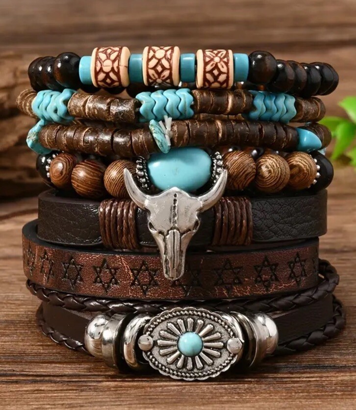 7 PC Leather Punk Bracelet Stackable Adjustable Tie New Free Ship B2797