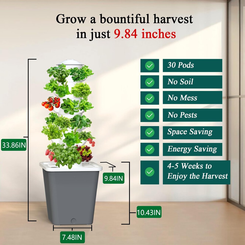 Hydroponics Growing System, 30-Plant Indoor Hydroponic Tower with Timer and P...