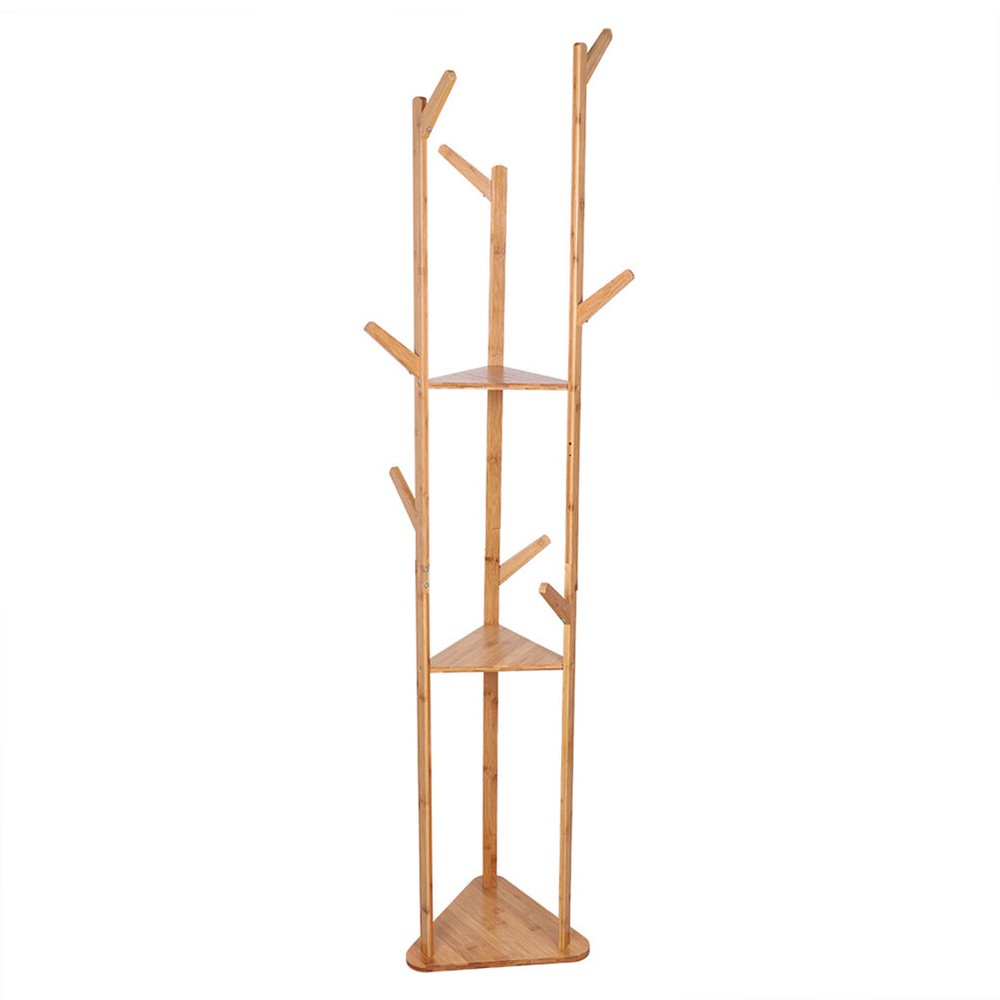 Bamboo Coat Rack Hat & Cloth Stand with 9 Hooks Free Standing Display Hall Tree
