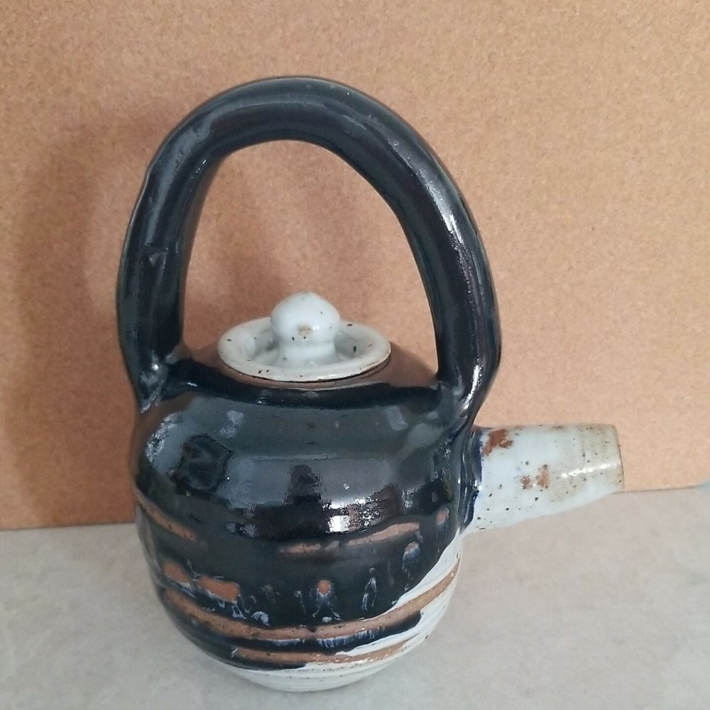 Drip Glazed Clay Teapot Handmade Signed Molded Handle Stubby Spout