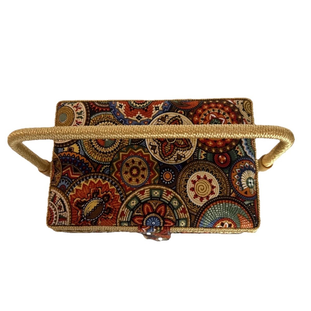 Sewing Basket Fabric Covered Rectangular Straps Handle Plastic Insert