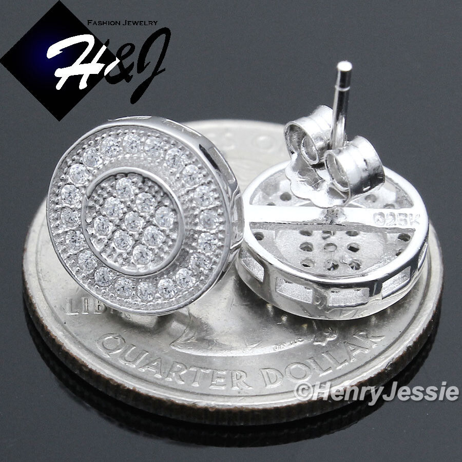 MEN 925 STERLING SILVER ICY BLING CZ 11MM ROUND PUSH BACK 3D STUD EARRING*E59