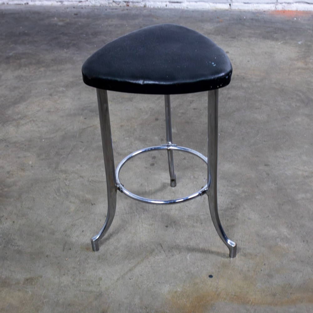 Art Deco Streamline Moderne Low Stool Solid Chrome Legs & Black Vinyl Seat