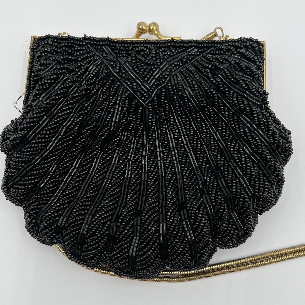 Clam Shell Black Beaded Vintage Clutch with Chain Strap