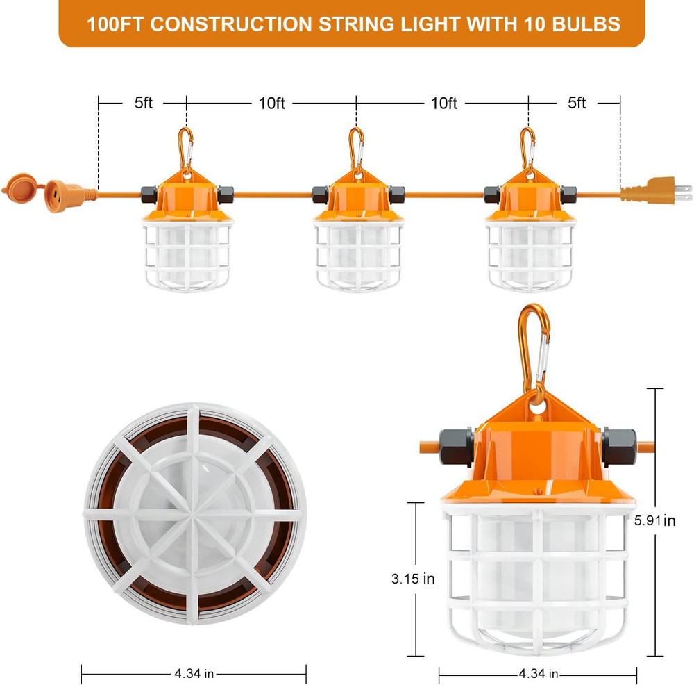 100FT LED Construction String Lights, 15000LM, IP65, 10 Bulbs, Linkable