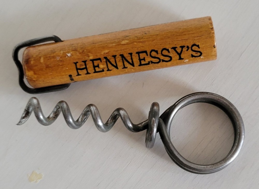 Antique HENNESSY THREE STAR BRANDY Finger Pull Corkscrew w/ Timber Coated Sheath